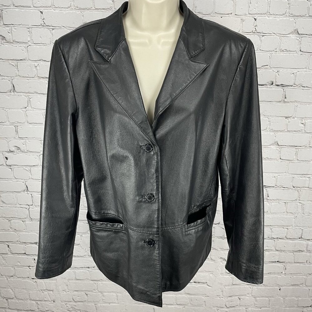 Clio Black Genuine Leather 3 Button Peak Collar Lined Jacket Size Medium M